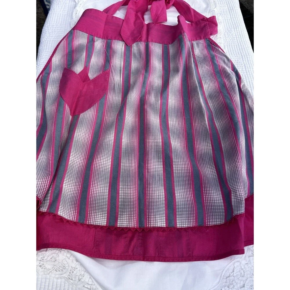 1960s Handmade Reversible Hostess Apron Pink Heart Pocket Tulip Retro Vintage